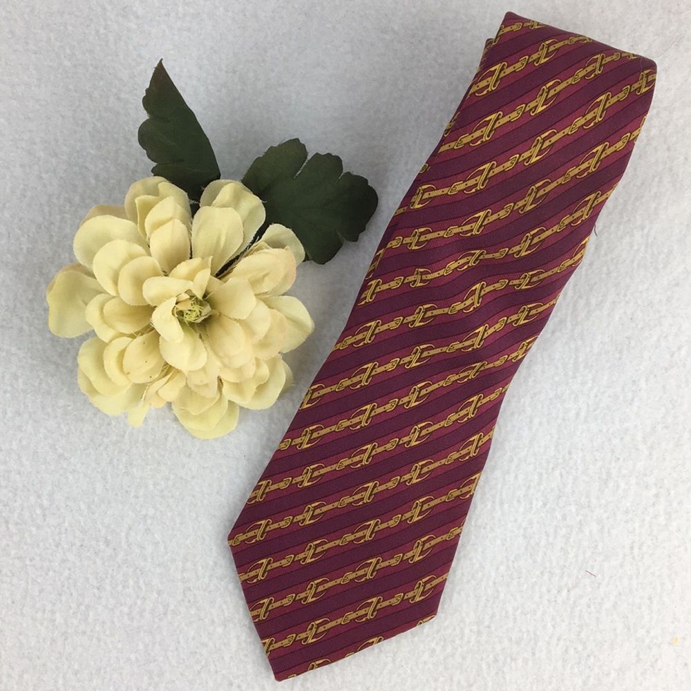 HERMÈS 100% Silk Red Men’s Bridle Print Striped Tie